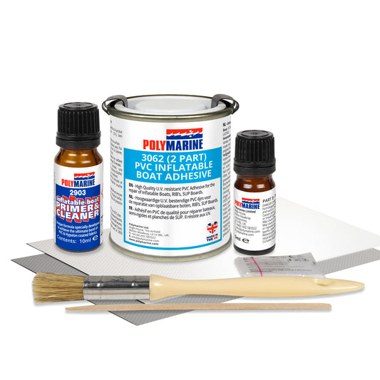 Complete Repair Kit for PVC Inflatable Boats  – 2 Part Adhesive with Primer Cleaner & Patches