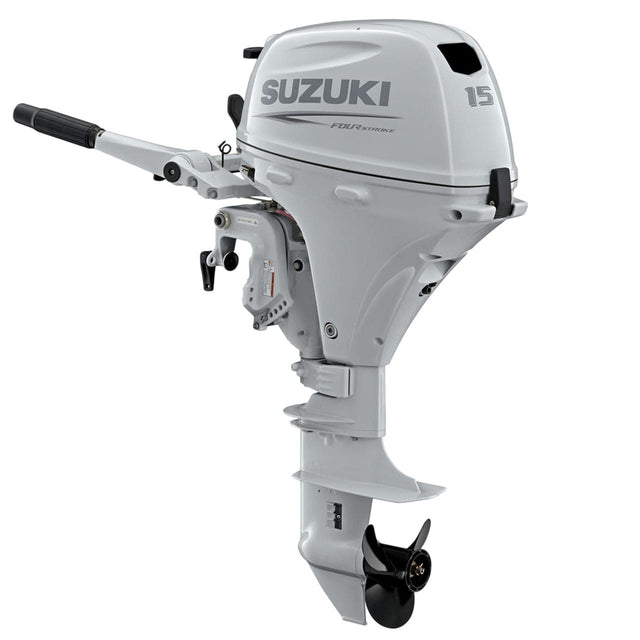 Suzuki DF15AS white short-shaft tiller outboard, dealer photograph