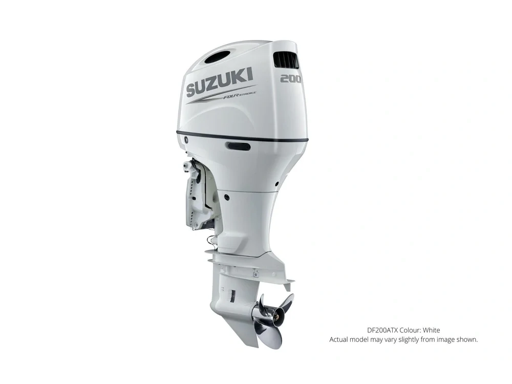 Suzuki DF200ATX white outboard, Suzuki dealer photograph