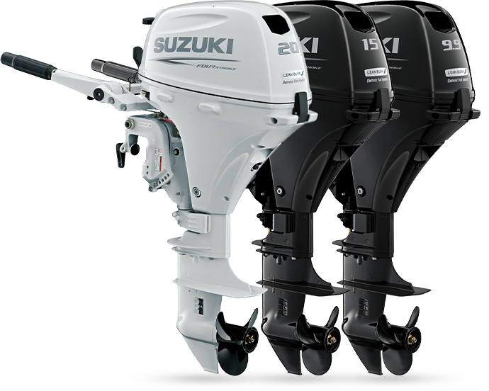 Suzuki DF20A 20HP engine pictured with DF15A and DF9.9B