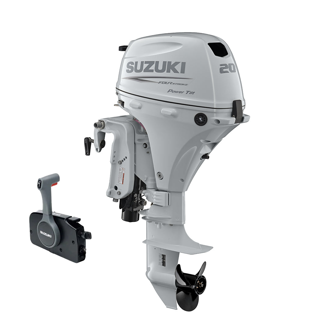 Suzuki DF20ATS white remote outboard, dealer photograph