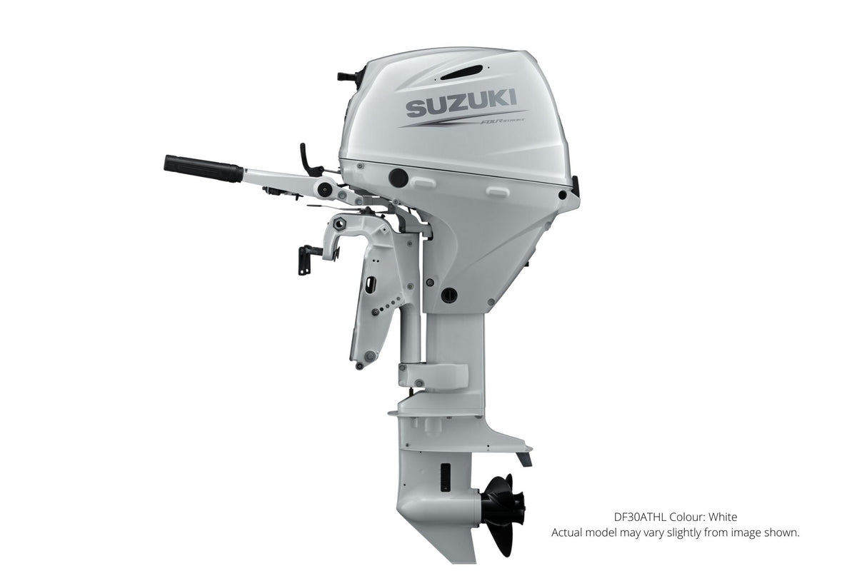 Suzuki DF30ATHL white tiller outboard, dealer photograph